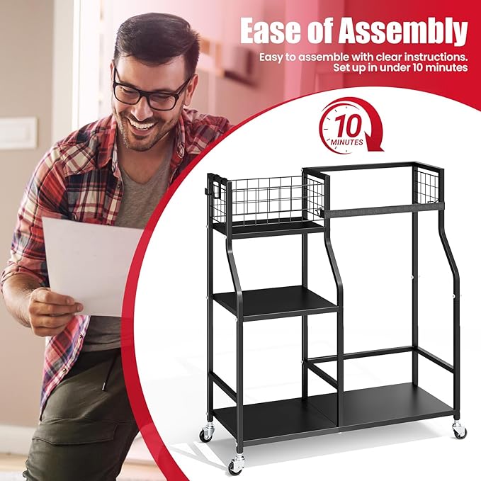 TOOLF Golf Bag Organizer, Golf Club Storage with Wheels, Sturdy Metal Golf Bag Holder Stand for Home, Garage, Outdoor, Includes 4 Storage Sections & Removable Hooks