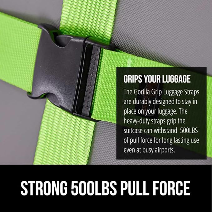 GORILLA GRIP Heavy Duty Adjustable Luggage Straps for Suitcases, Easy to Identify Travel Belt Connector Holds Suitcase Together, Holiday Travel Gift, Stocking Stuffer, Accessories, 2 Pack Green