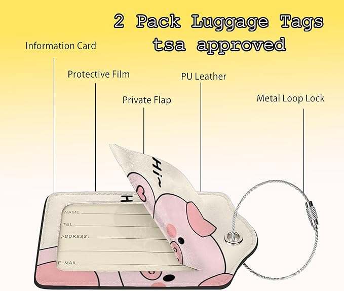 TSA Approved Luggage Tags Pig for Suitcases 2 Pack Funny Leather Carnival Cruise Airport Cute Travel Name Tags Golf Bag tag Ships Essentials Privacy Cover ID Label for Women Men