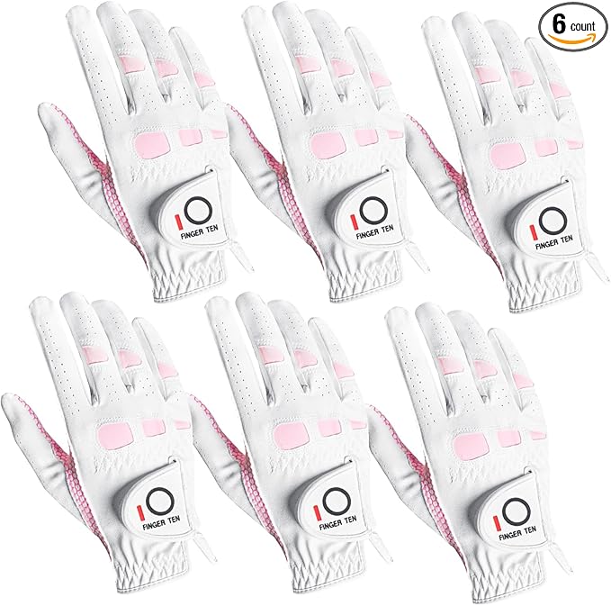 FINGER TEN Women’s Golf Gloves Ladies Left Hand Right Handed Golfer Value 6 Pack, All Weather Rain Grip Glove Pink Fit Small Medium Large XL