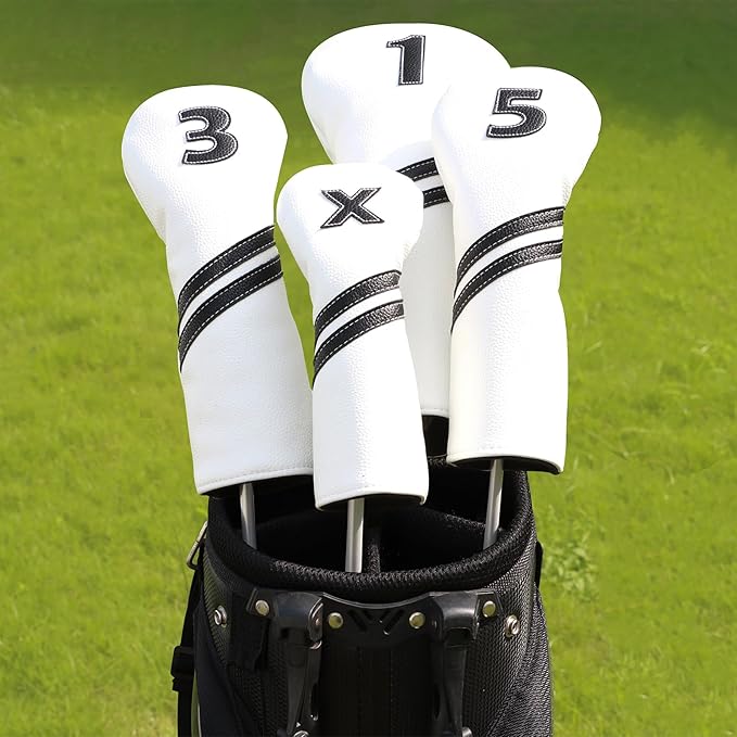 Golf Club Covers,4pcs or 1pc Golf Headcovers for Woods and Driver Fairway Hybrids Women Men - Premium PU Leather with Interchangeable Tags & Magnetic Blade and Mallet Putter Covers