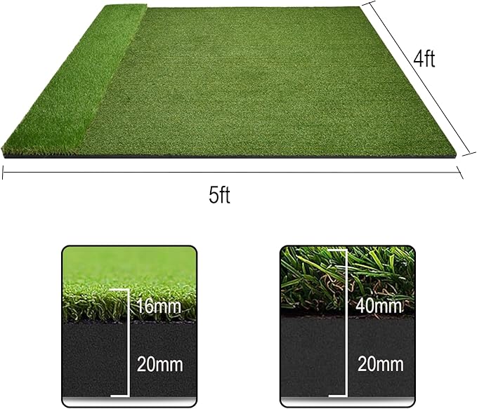 Dual-Turf Golf Hitting Mat Outdoor, 31/36mm 5x4ft Thickened Golf Practice Mat with 20 Balls Fairway & Rough for Swing Chipping Driving- Ideal Gifts for Men