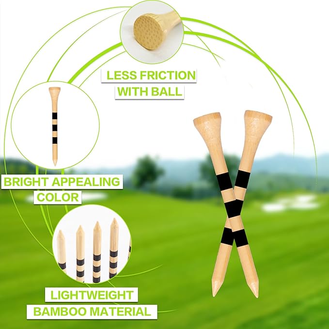 FINGER TEN Golf Tees Wood 3 1/4 2 3/4 Inch Value 50/120 Count, Durable Tees with Bright Colored Stripes for Consistent Height, 70mm 83mm Long Tees Ideal for Golfers