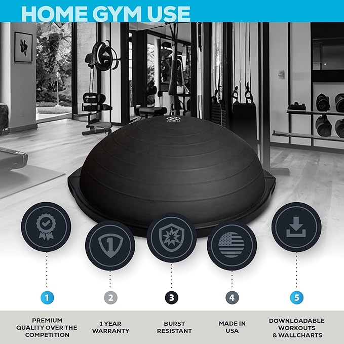 Bosu Balance Ball Exercise Trainer, Home Gym Equipment w/ Guided Workouts & Pump, 26", Blue - Inflatable Fitness Platform for Strength Training, Standing, Balancing, and Core Workout