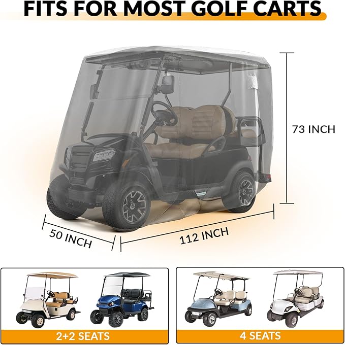 Golf Cart Cover with Doors and Reflective Stripes, 600D Waterproof Golf Cart Cover 2/4 Passenger for Club Car, EZGO, Yamaha Golf Carts - Black/Grey