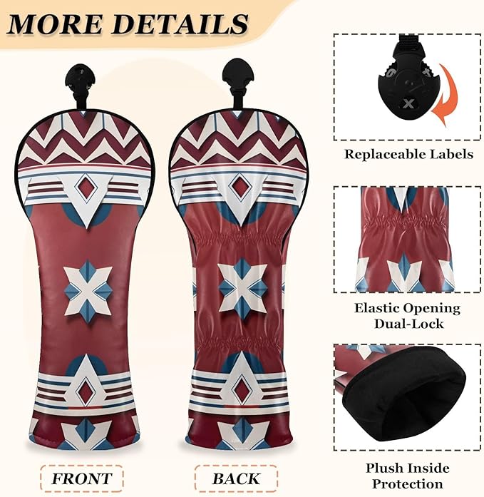 Red PU Leather Golf Club Head Covers for Driver/3 5 Wood/Hybird,Velvet Lining,with Label