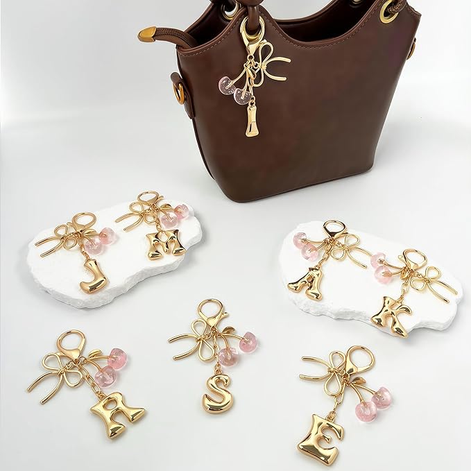 Gold Bubble Heart, Cherry, Bow & More Designs Letter Initial Keychain Bag Charms – Cute Purse Charms for Handbags