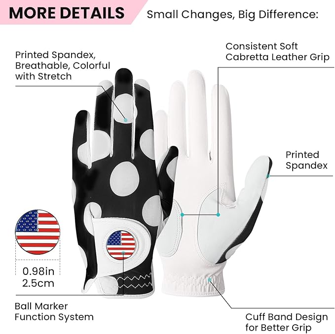 Amy Sport Womens Golf Glove with Ball Marker Rain Left Right Hand Leather Printed Pack, Ladies Golf Gloves All Weather Grip Breathable Soft Size Small Medium Large XL