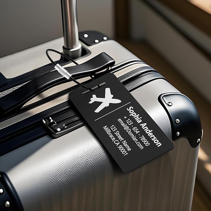 4 Pack Personalized Luggage Tags, Custom Engraved Aluminum Luggage Tags with Your Personalized Text, Waterproof Metal Name Tags with Steel Loop for Bags, Suitcase, Baggage, Backpack (Black, Small)