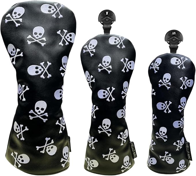 Set Golf Club Covers or 1pc Black Driver Headcover 3 5 Wood Headcover Hybrid Headcover Skull Heads Embroidery, PU Leather Golf Head Covers for Woods and Driver, Golf Accessories for Men