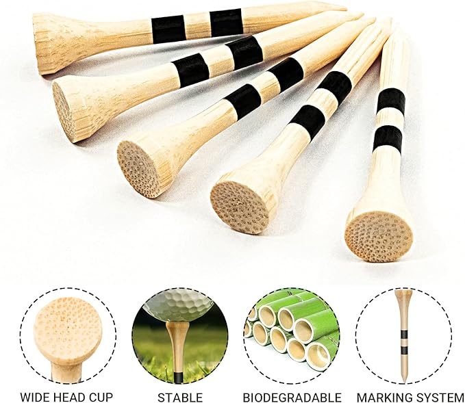 SAPLIZE Bamboo Golf Tees Pack of 100 or 150, Four Size Options (3-1/4", 2-3/4", 2-1/8", 1-1/2"), Stable and Reliable Golf Tees, Available in Natural Color