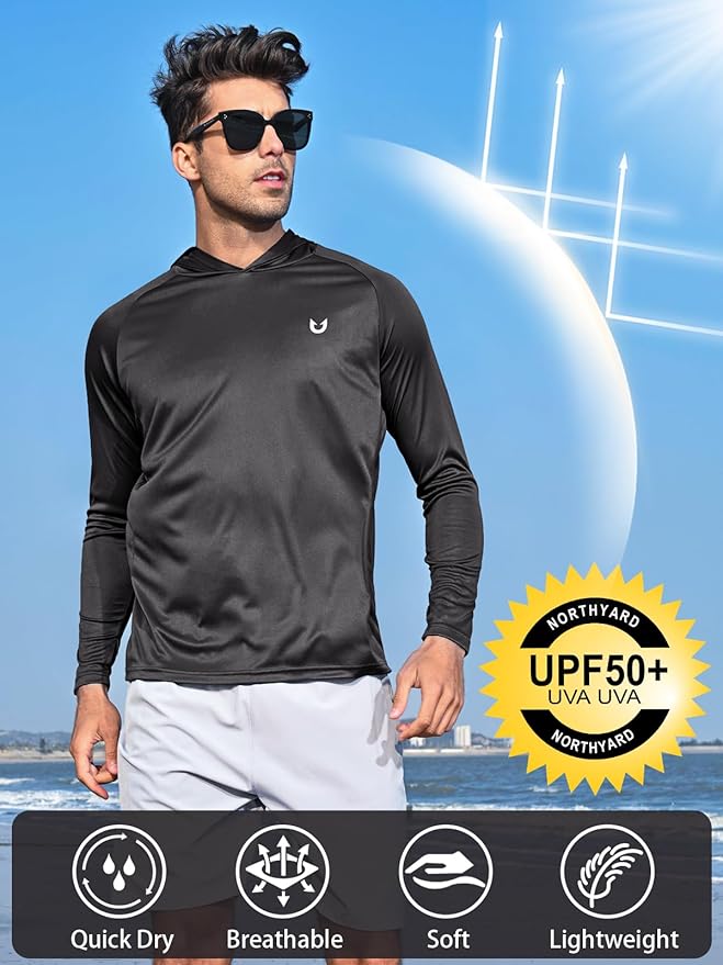 NORTHYARD Men's UPF 50+ Hoodie Shirts Long Sleeve Sun Protection Fishing Swim Beach UV SPF Rash Guard Quick Dry Lightweight