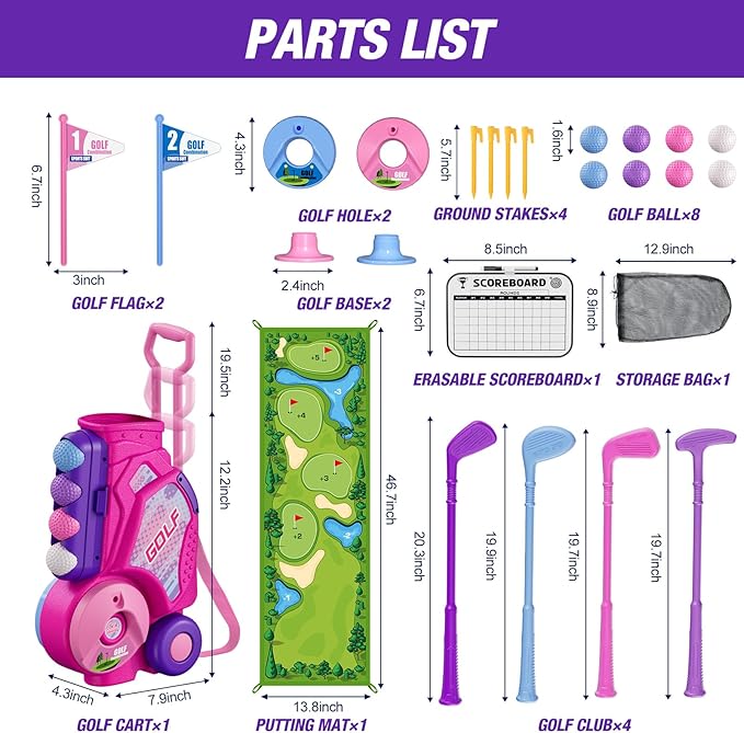 Toddler Golf Set 2-4 Years, Kids Golf Club with 8 Balls, 4 Plastic Clubs, Putting Mat, Scoreboard, Storage Bag, Indoor Outdoor Game with Golf Cart Sport Toy Gift for Baby Boys Girls Age 3-5, Pink