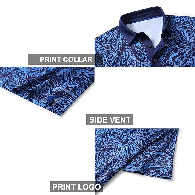 Golf Shirts for Men Dry Fit Short Sleeve Print Performance Moisture Wicking Polo Shirt