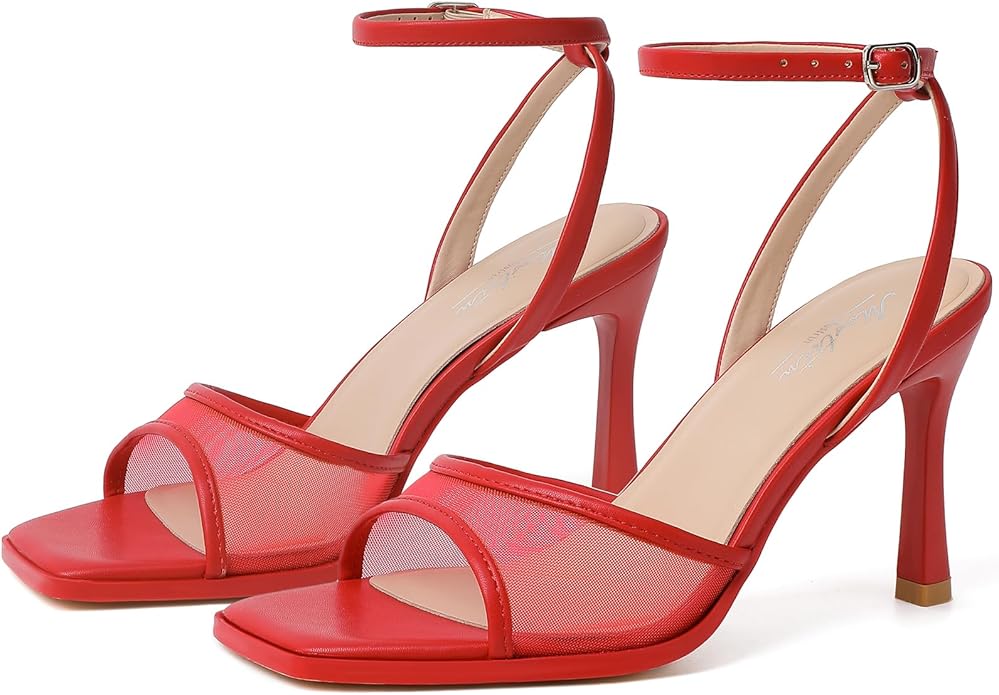 Mostrin Strappy Heels for Women Square Open Toe Lace Up Heeled Sandals Ankle Strap Sexy Stiletto High Heels for Party, Prom, Dating, Wedding
