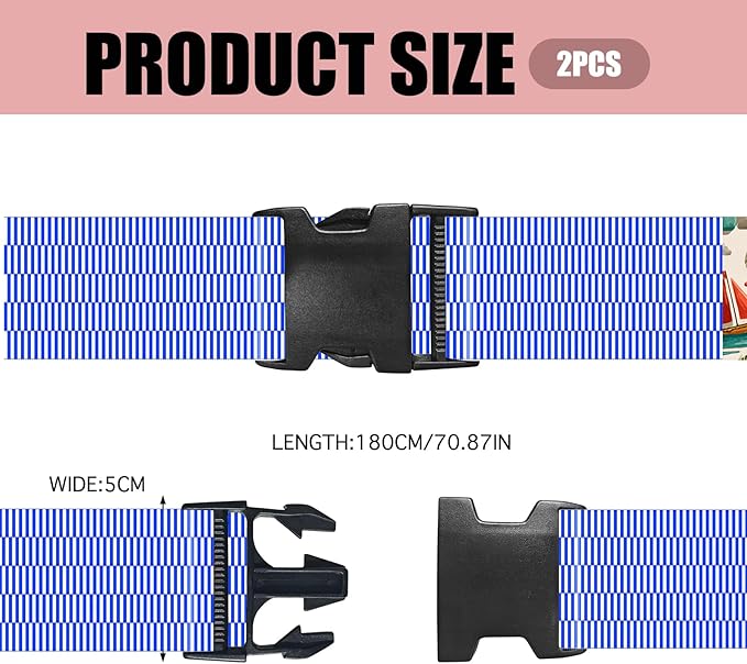 Nuxovilar Luggage Straps of 2 Set Blue White Checkered Pattern, 1.96x90.5 inches - Luggage Straps for Suitcases, Ideal for Sea Trips, Casual Trips, Daily Use