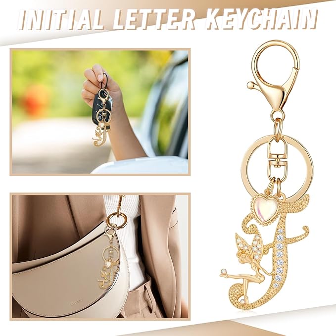 Gold Plated Alphabet Initial Letter Keyring Keychain for Women Girls Crystal Key Chains for Wallet Backpack Bag Charm