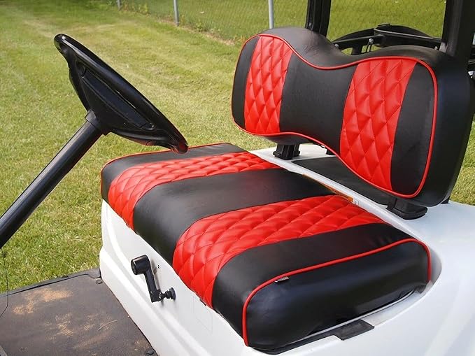 Huskey 2PCS Golf Cart Front Seat Covers for Club Car DS 2000.5 UP G&E Models Custom Two-Tone Black/Red Diamond Stitching with Red Piping, Marine Grade Vinyl Material, Staple on Design