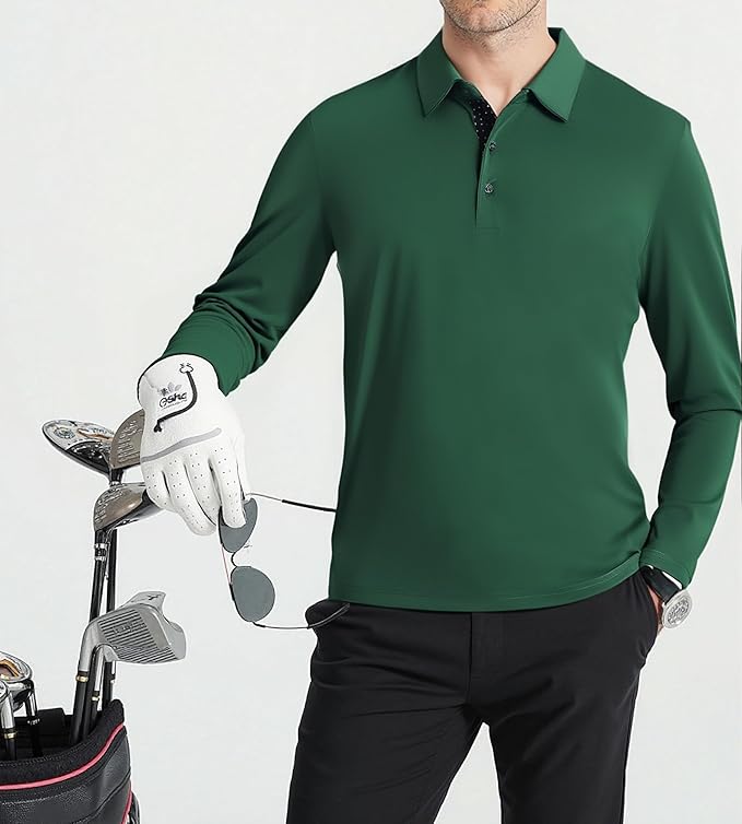 Alex Vando Mens Golf Shirt Moisture Wicking Quick-Dry Solid Long Sleeve Polo Shirts for Men