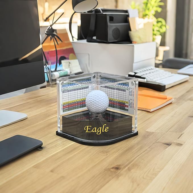 Golf Ball Display Case for Eagle Golfer. Black Ball Throne with Golden Stamp. 2X Background Frames on Each Side of Cambered Cover. Pencil Holder, Adhesive Dots are All Included, No Assembly