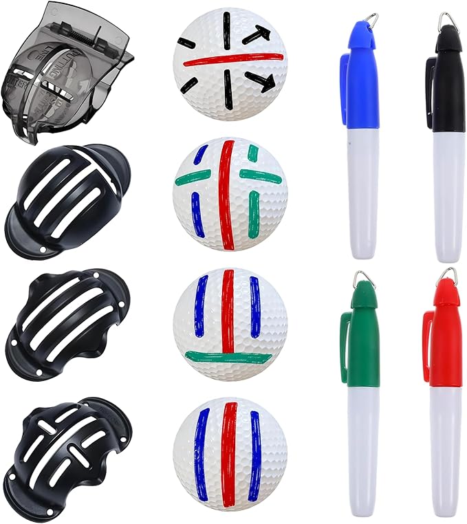 8 Pack Golf Ball Line Marker Tool,Golf Ball Stencil Alignment Kit,4 Golf Ball Marker Stencil and 4 Color Golf Ball Markers,Easy Ball ID &Putting Practice