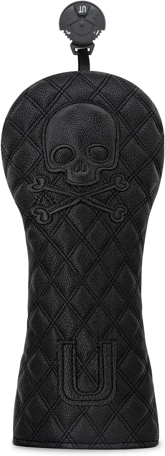 Grid Black Line Skull Golf Club Covers – Driver Headcover, Fairway Wood & Hybrid, 3 Wood Headcover, Black Skull Leather, Waterproof Easy-Clean, Universal Fit The Most Brands