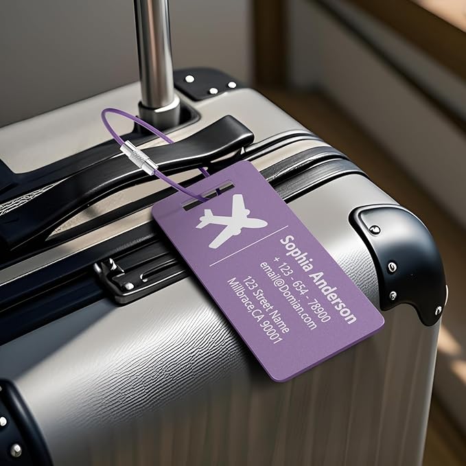 4 Pack Personalized Luggage Tags, Custom Engraved Aluminum Luggage Tags with Your Personalized Text, Waterproof Metal Name Tags with Steel Loop for Bags, Suitcase, Baggage, Backpack (Purple, Small)