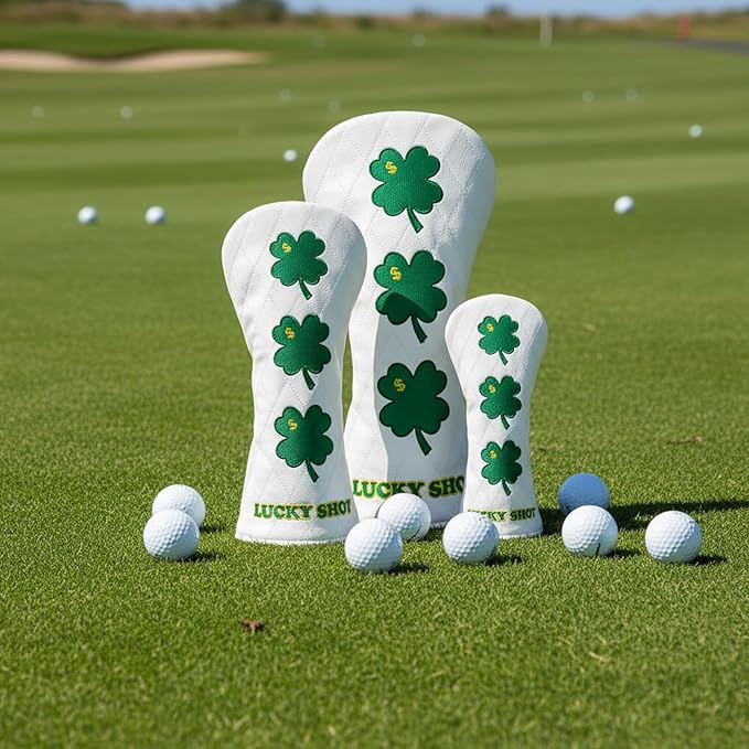 Golf Club Covers, 1pc or 3pcs Golf Headcovers Set 1 3 h, White PU Leather Driver Headcover, 3 Wood Cover, Hybrid Headcover Lucky Clover Style Golf Club Protective Case