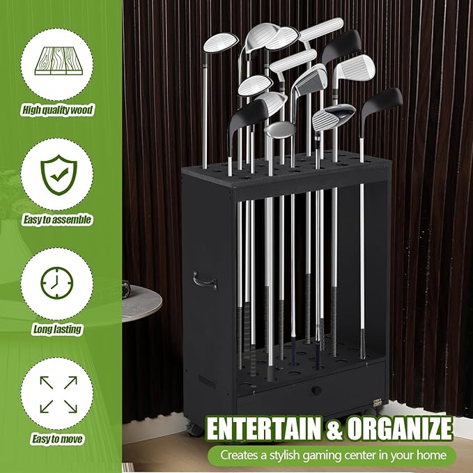 27 Hole Golf Club Stand Holder Wooden Golf Club Organizer Putter Display Rack with Storage Drawer and Wheel for Indoor Home Office Simulator Garage