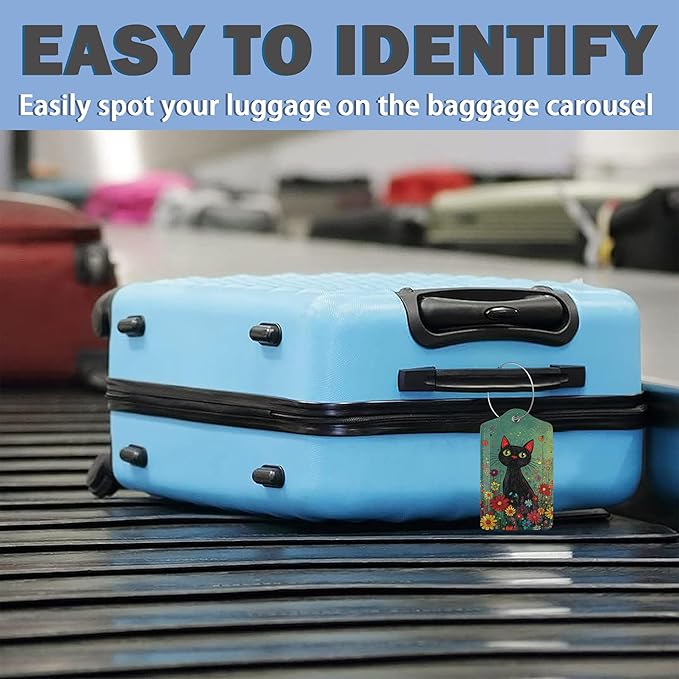 3 Pack Luggage Tag for Suitcase Leather Travel Cruise Luggage Tag with Stainless Steel Loop Name ID Label Privacy Cover for Adults Teens Travel Bag Labels Set (Black Cat Flower)
