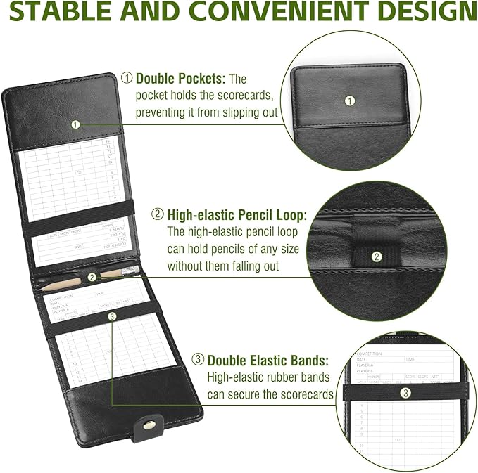 Archerest Magnetic Golf Scorecard Holder, 7.48" x 4.33" Premium Leather Yardage Book Cover Golf with A Pencil and Five Double Sided Printed Scorecards, Golf Accessories and Scorecard Book