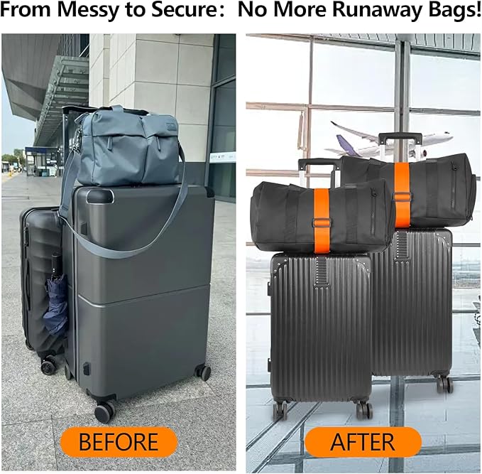 BILIONE Add a Bag Luggage Straps 2 Pack, Adjustable Bungee Elastic Belt to Connect Two Suitcases, Secure Carry On & Travel Essentials (Black)