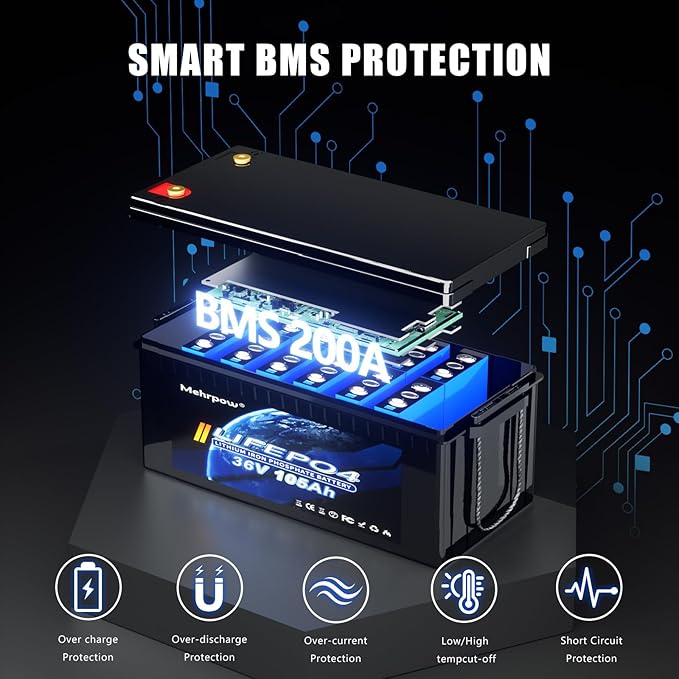 36V 105Ah LiFePO4 battery, built-in Bluetooth 200A BMS and LCD display, IP65 waterproof and dustproof, with 43.8V 25A lithium battery charger, peak current 1000A, perfect for golf carts