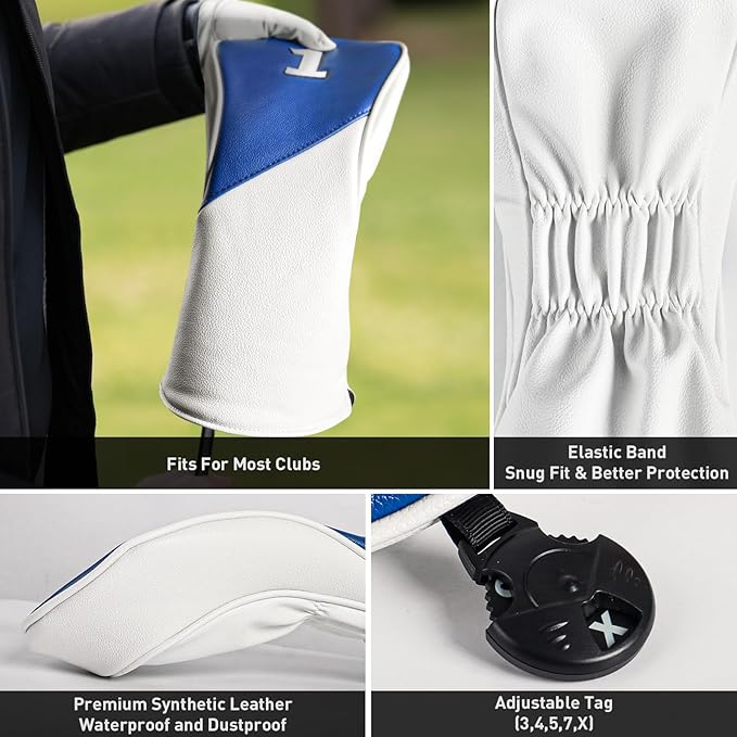 FINGER TEN Golf Club Head Covers for Woods Driver Fairway Hybrid with Interchangeable Number Tag 1 3 5 Premium Leather Headcovers for Women Men