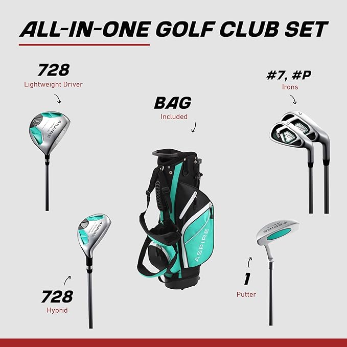 Aspire Junior Plus Kids Golf Clubs – Boys’ & Girls’ Right-Handed Golf Set with Lightweight Stand Bag, Graphite Shafts & Aircraft-Grade Aluminum Clubs