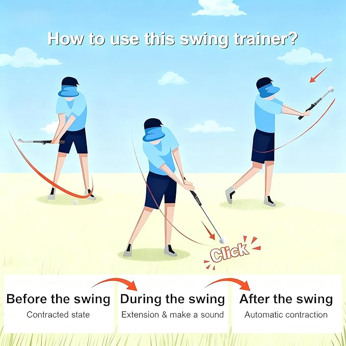 Retractable Golf Swing Trainer with Click Stick - Right-Handed Golf Grip Trainer & Swing Training Aid for Rhythm and Tempo Practice