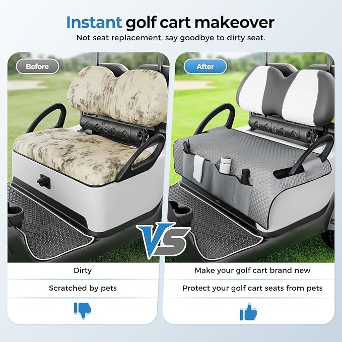 Tecoom Golf Cart Seat Covers, Universal Golf Cart Seat Towel Blanket with Armrest Strap 4 Pockets Non-Slip Bottom, Fits Club Car, EZGO, Yamaha, and More Front Seats, Protect Seats from Pet-Scratch Sun