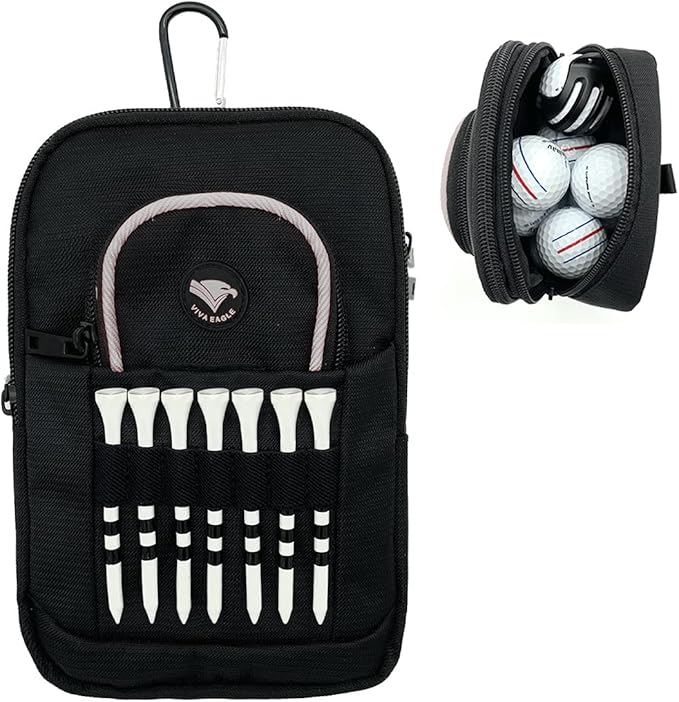 Golf Bag Pouch for Balls and Accessories | 3 Zipper Pockets | Detachable Clip | Store Up to 15 Balls | Front Tee Holder and 10 Bamboo Tees 3 1/4 in