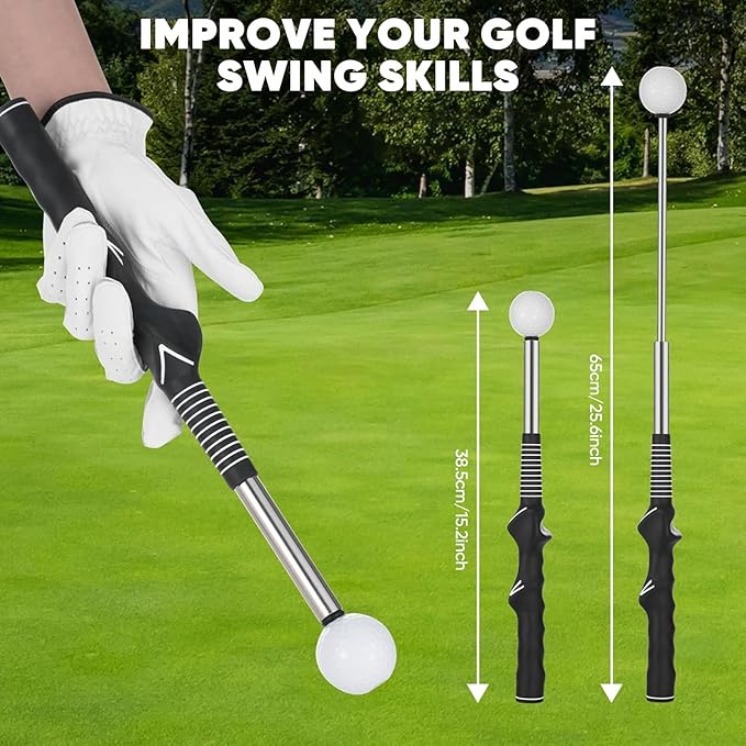 Retractable Golf Swing Training Aid - Portable Grip Trainer with Click Feedback for Right Handed Golfers, Portable Swing Tempo Trainer with Arm Band for Indoor & Outdoor Practice