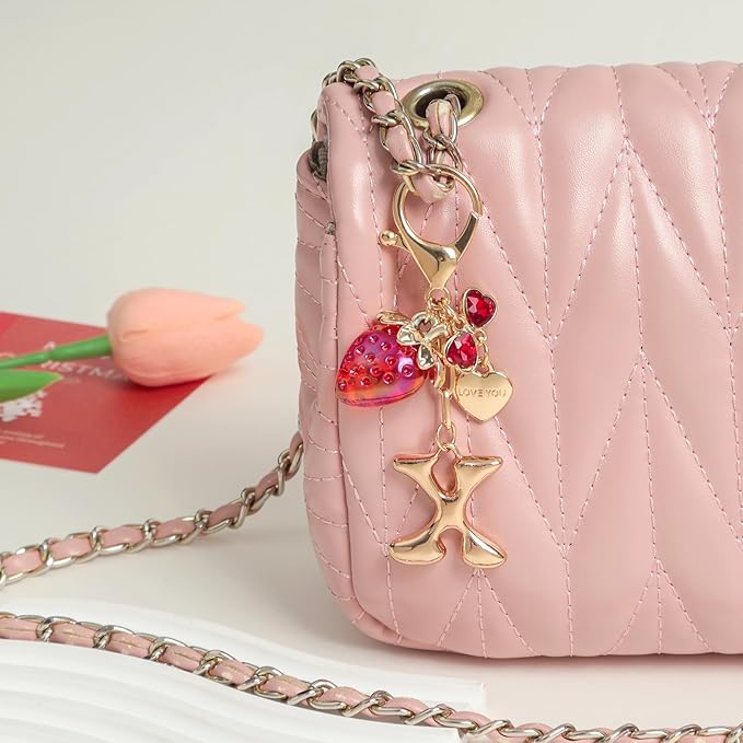 Snycler Bubble Initial Keychain with Strawberry & Bow- Gold Letter Bag Charms for Women, Cute Purse Handbag Accessories