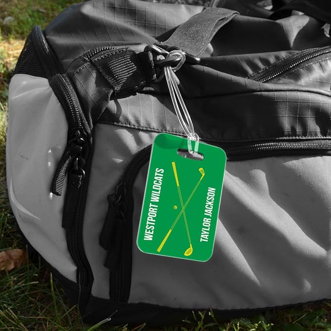 ChalkTalkSPORTS Golf Luggage & Bag Tag | Personalized Crossed Golf Clubs | Standard Lines on Back | Medium | Green/Yellow