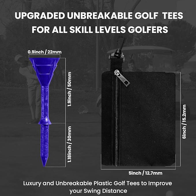Golf Tees Plastic 3 1/4 inch Unbreakable 30 Pack with Pouch Bag, Durable Stable Available 83 mm Long Tee for Golfer Practice