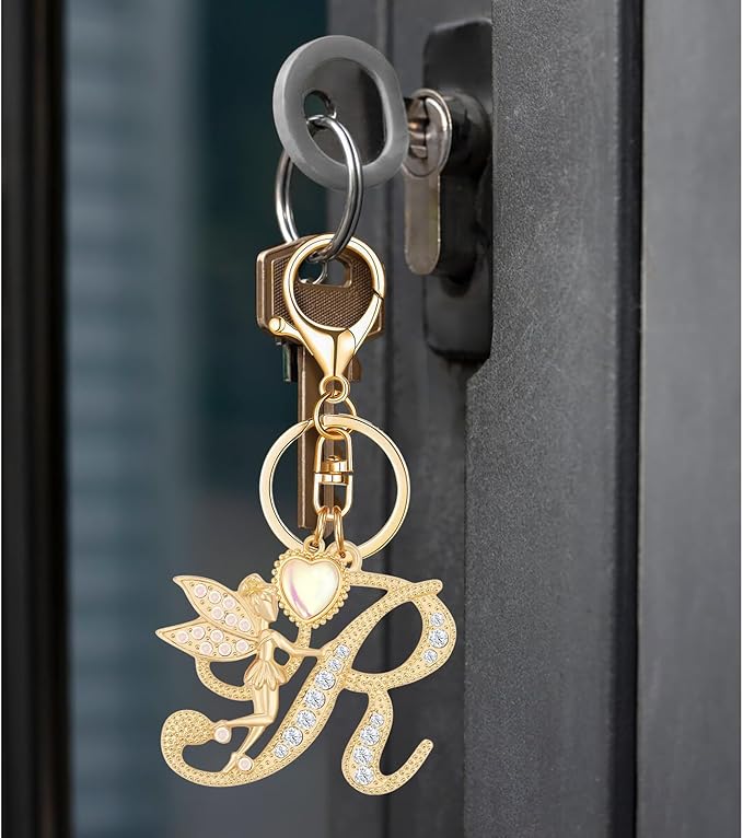 Gold Plated Alphabet Initial Letter Keyring Keychain for Women Girls Crystal Key Chains for Wallet Backpack Bag Charm
