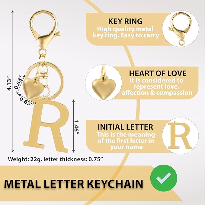 Metal Heart Alphabet Keychain for Women, Girls - Cute Initial Letter Accessories for Purse, Bag Charms and Backpack