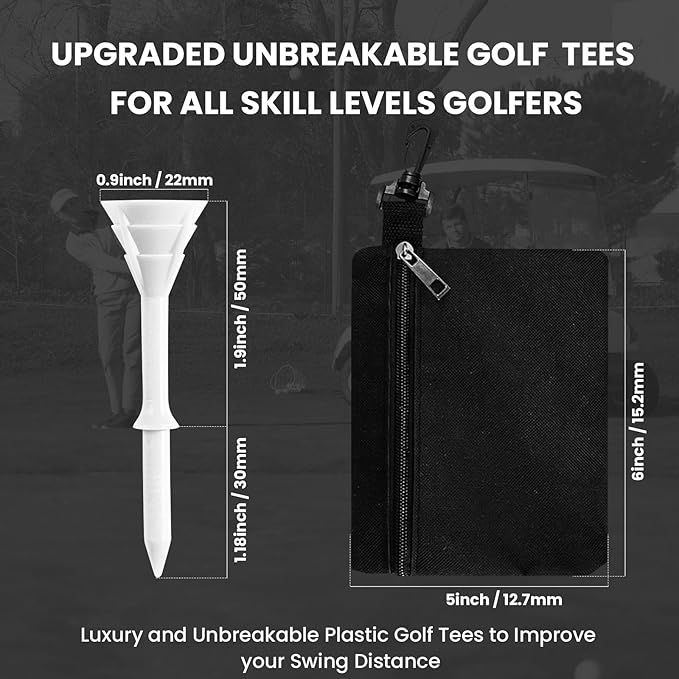 Golf Tees Plastic 3 1/4 inch Unbreakable 30 Pack with Pouch Bag, Durable Stable Available 83 mm Long Tee for Golfer Practice