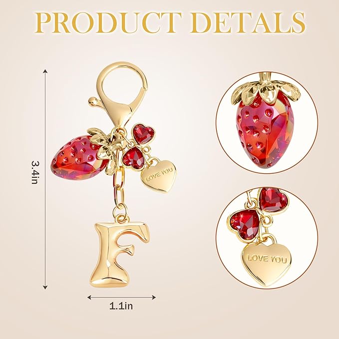 Snycler Bubble Initial Keychain with Strawberry & Bow- Gold Letter Bag Charms for Women, Cute Purse Handbag Accessories