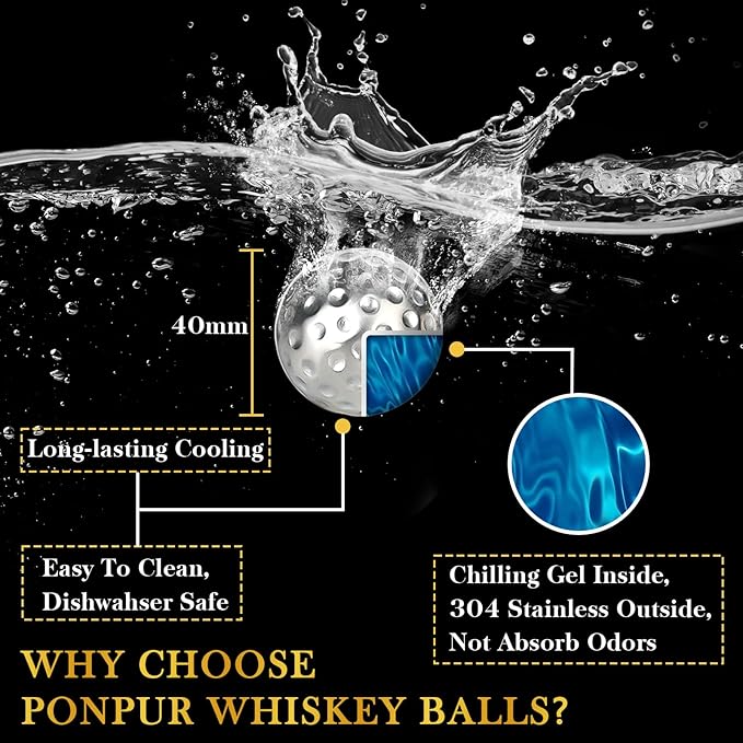 PONPUR Men's Golfer Gifts, Chirstmas Anniversary Birthday Gifts for Dad Him Husband, 4 Whiskey Golf Balls with 1 Tongs, Reusable Stainless Steel Golf Ice Balls Whiskey Gift for Golf Lover