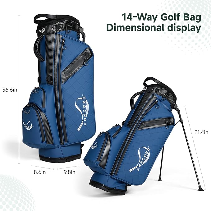Golf Stand Bag with 14 Way Full Length Dividers, PU Leather Golf Bag for Men, Waterproof Golf Bags with Stand, 6 Pockets & Cooler Pouch, Adjustable Dual Straps, 2 Rain Cover Hood