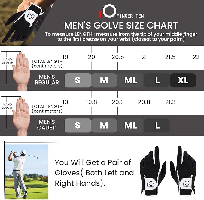FINGER TEN Premium Rain Grip Men's Golf Gloves 1 Pair, Hot Wet Weather No Sweat Glove for Serious Feel & Performance, Left Right Hand Black Gray White Blue Fit Size S M L XL 2XL 3XL
