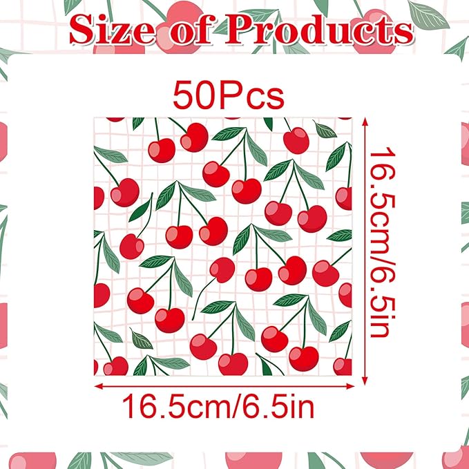 Cherry Party Napkins Decorations, 50PCS Cherry Themed Birthday Napkins Supplies, Disposable Coquete Decor for Wedding Baby Shower Party Table Size 6.5 Inch